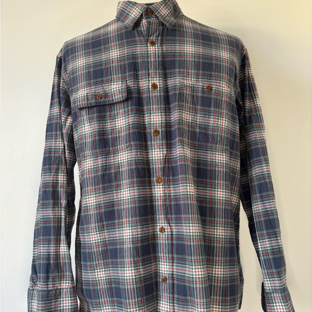 Orvis Men’s Green Cream Plaid Long Sleeve Button Down Flannel Shirt Large